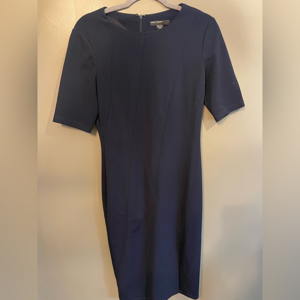 Maggy London navy blue pencil midi dress with sleeves size 6